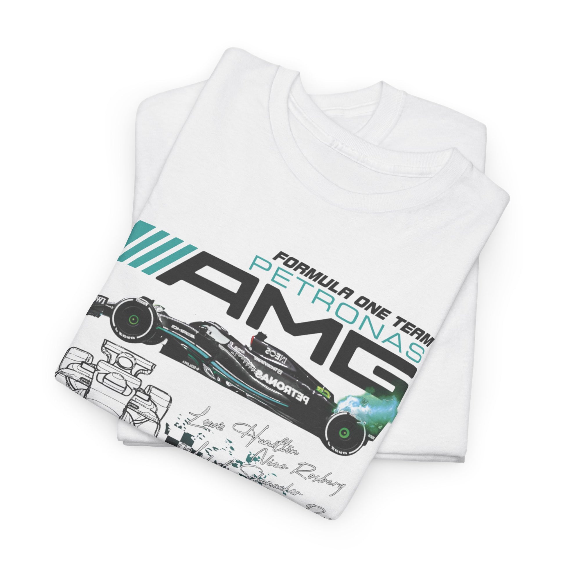 Folded white men's F1 Mercedes AMG Petronas T-shirts displaying vivid car designs and famous driver signatures, a luxurious addition to any racing fan's wardrobe.
