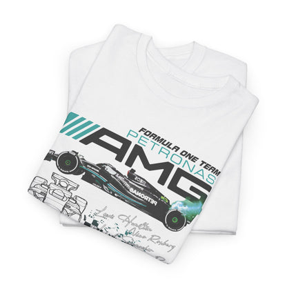 Folded white men's F1 Mercedes AMG Petronas T-shirts displaying vivid car designs and famous driver signatures, a luxurious addition to any racing fan's wardrobe.