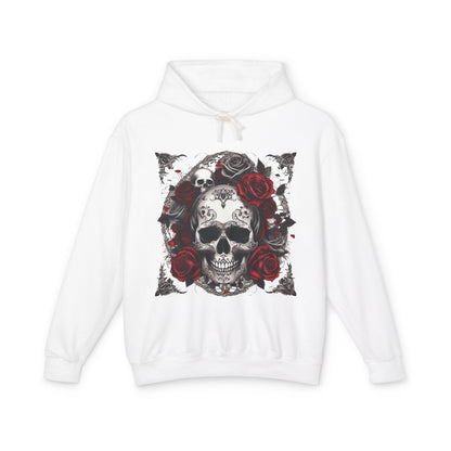 Unisex Lightweight Hooded Sweatshirt displaying a captivating skull and roses motif, available in an exquisite white shade, designed for luxury and comfort.