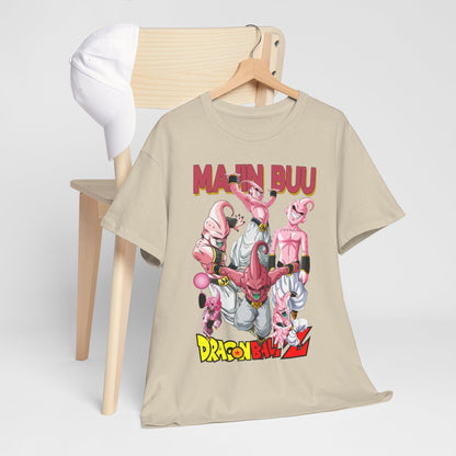 Stylish Majin Buu T-shirt draped over a chair, featuring a dynamic anime character design, complementing luxurious streetwear aesthetics for the discerning collector.