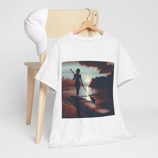 Delightful Paddle Board T-Shirt for Water Sports Lovers in a classic white colour displayed on a wooden hanger with a white cap, highlighting an elegant graphic of paddleboarding at sunset.