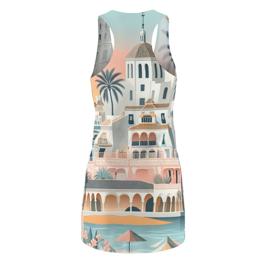 Close-up of the Marbella Dream Dress in serene pastel colours, featuring modern patterns and a flattering feminine silhouette, perfect for beachwear enthusiasts.