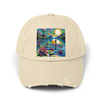 Chic Unisex Distressed Paddleboarders Cap displaying a captivating paddleboarding design, tailored for stylish adventures by the water.