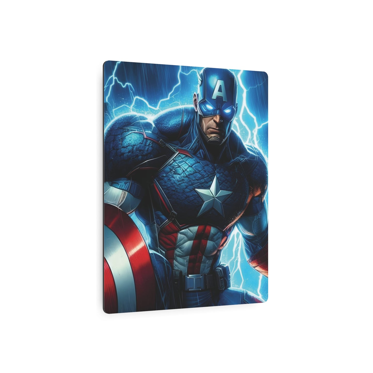 Marvel Captain America Metal Art Poster showcasing the iconic Captain America character with an eye-catching design surrounded by electricblue effects. This luxurious aluminium decor item enhances your living space with superhero flair and sophistication.