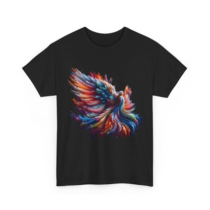 Majestic Angel Graphic Unisex T-Shirt in black, showcasing a vibrant multicoloured phoenix design on the front, crafted from ultra-soft premium cotton.