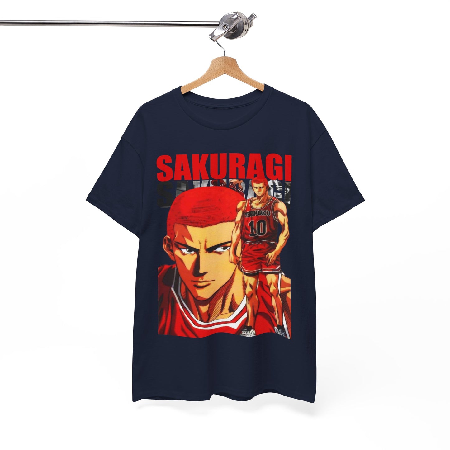 Elegant navy T-shirt elegantly displayed on a hanger, featuring a striking design of Sakuragi from Slam Dunk, making a bold fashion statement.