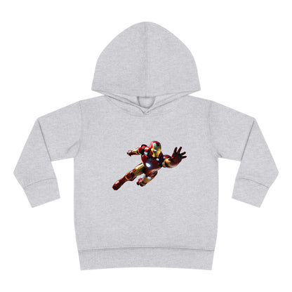 Kids Unisex Iron Man in Flight Hoodie - Light grey fleece sweater for ages 2-5, featuring an iconic Iron Man design, elegantly presented.