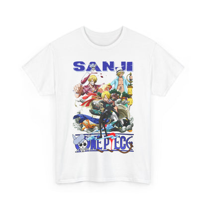 Front view of a premium white men's t-shirt featuring a vibrant 'Sanji' graphic design from the popular anime One Piece, perfect for anime enthusiasts.