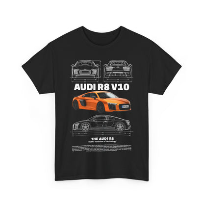 Front view of a stylish black Audi R8 V10 T-shirt displaying a striking orange sports car graphic with line drawings, ideal for car enthusiasts.