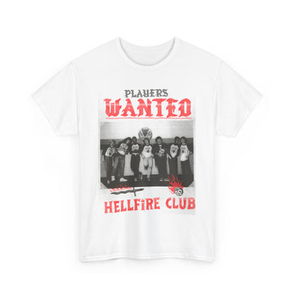 Chic white tee showcasing a retro-inspired Hellfire Club print, featuring the playful slogan 'PLAYERS WANTED', perfect for affording a stylish nod to gaming culture.
