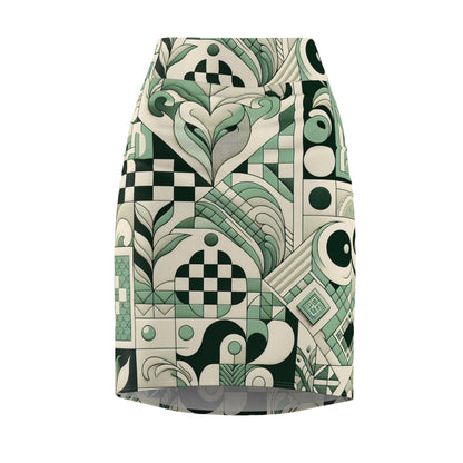 Sophisticated Vivienne Lacroix pastel green pencil skirt featuring dynamic checkerboard motifs and organic shapes, crafted by Dazzling Dreams Studio for a chic and elegant wardrobe.