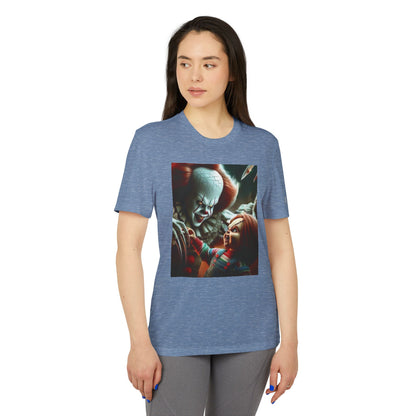 Fashionable woman displaying the Adidas Unisex Halloween Pennywise and Chucky Cute T-shirt, featuring vibrant graphics of Pennywise and Chucky, perfect for a luxurious Halloween look.