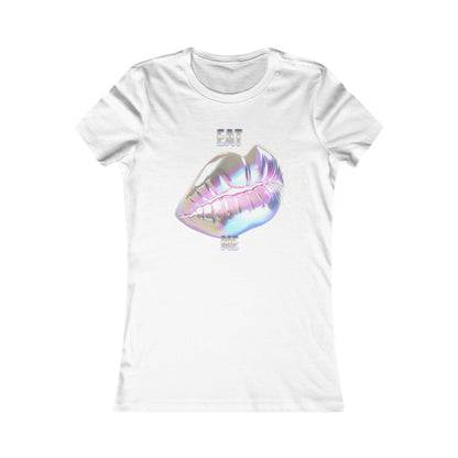 Glamorous women's fitted t-shirt featuring an iridescent lips graphic with the text 'EAT ME', crafted from soft cotton for a luxurious touch.