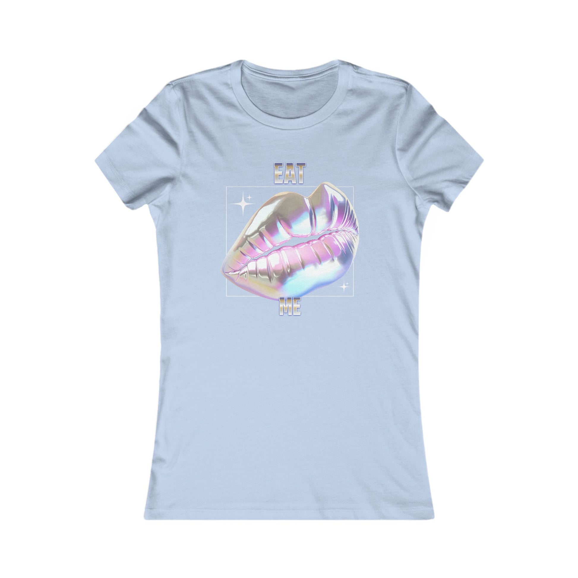 Chic light blue women's fitted t-shirt showcasing a stunning holographic lips motif paired with the playful words 'EAT ME', an exquisite addition to any trendy wardrobe.