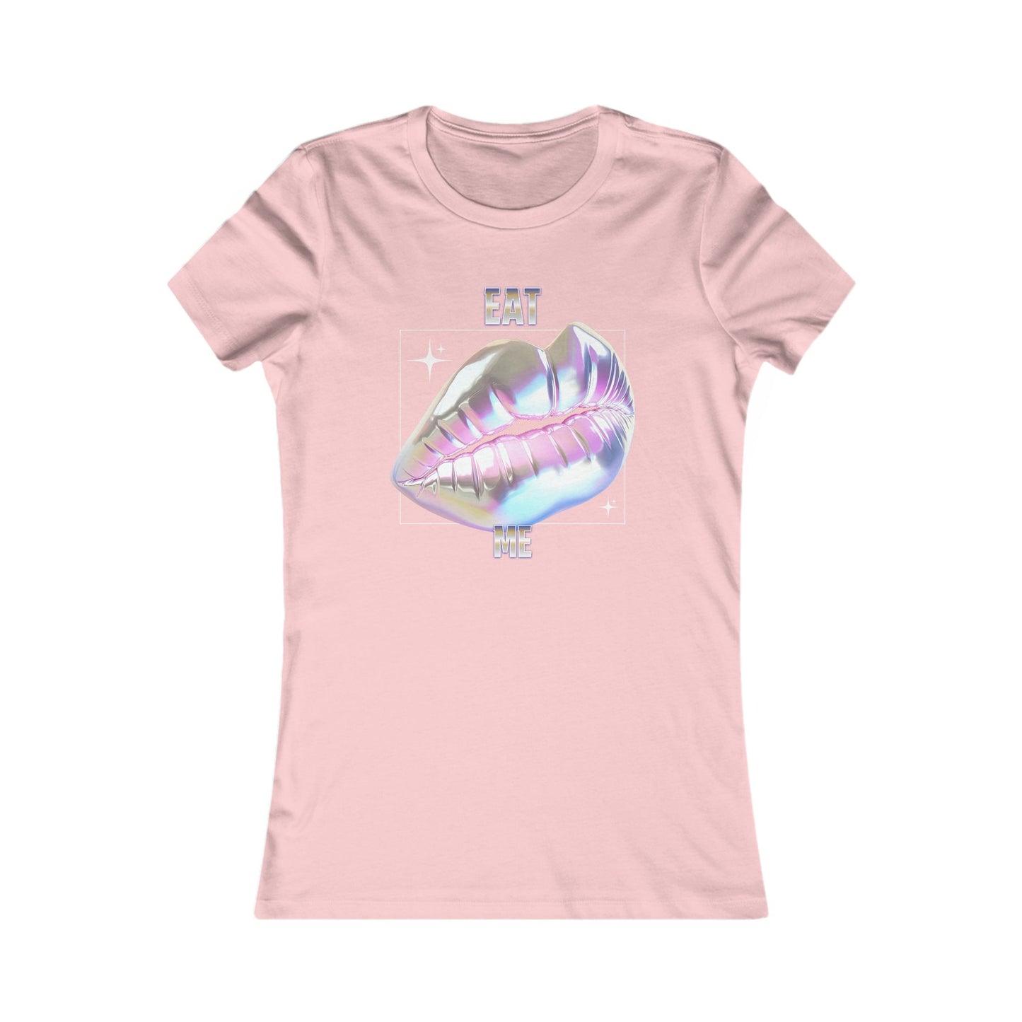 Luxury pink women's fitted t-shirt featuring a stylish holographic lips graphic with the playful text 'EAT ME', perfect for adding a cheeky touch to your wardrobe.