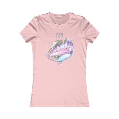 Sophisticated pink women's fitted t-shirt featuring an iridescent lips design with the cheeky phrase 'EAT ME', a delightful choice for fashion-forward women seeking flair.