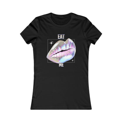 Stylish black women's fitted t-shirt adorned with a shimmering holographic lips graphic and the captivating text 'EAT ME', ideal for a bold fashion statement.