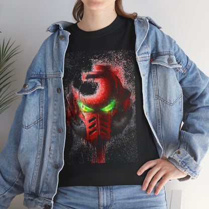 Front view of a stylish black t-shirt featuring an intricate graphic design of a bold helmet with glowing eyes, worn under a denim jacket.