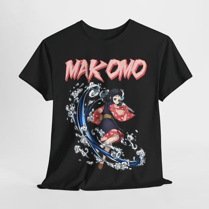 Stylishly designed black Makomo anime T-shirt featuring an action-packed illustration of the character enveloped in dynamic water splash art, accented with bold pink lettering for a striking visual appeal.
