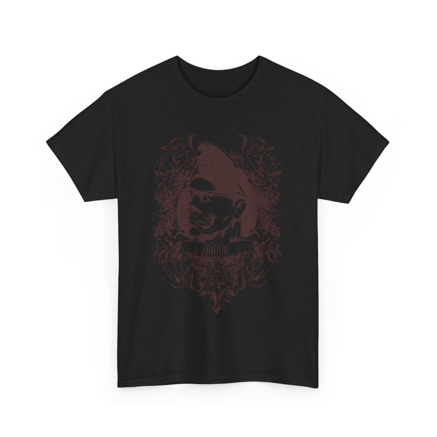 Front view of a black graphic t-shirt with a distinctive zombie design and Baroque embellishments, combining edgy style and luxury.