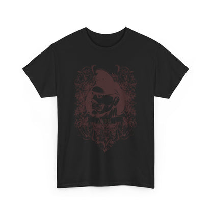Front view of a black graphic t-shirt with a distinctive zombie design and Baroque embellishments, combining edgy style and luxury.