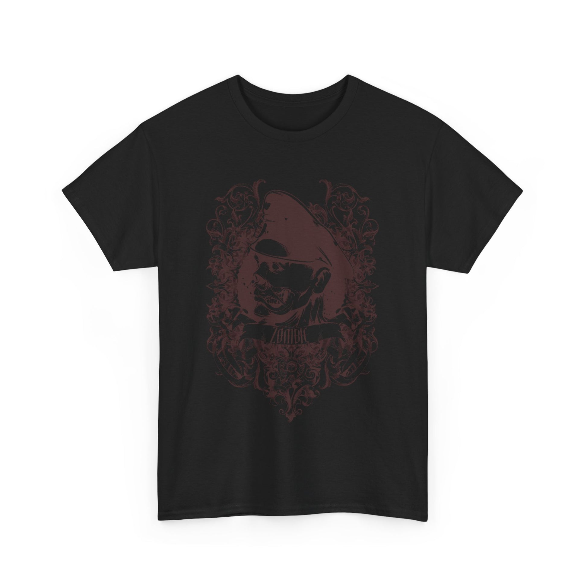 Front view of a stylish Men's Zombie Graphic T-Shirt featuring intricate Baroque details and a fierce zombie motif.