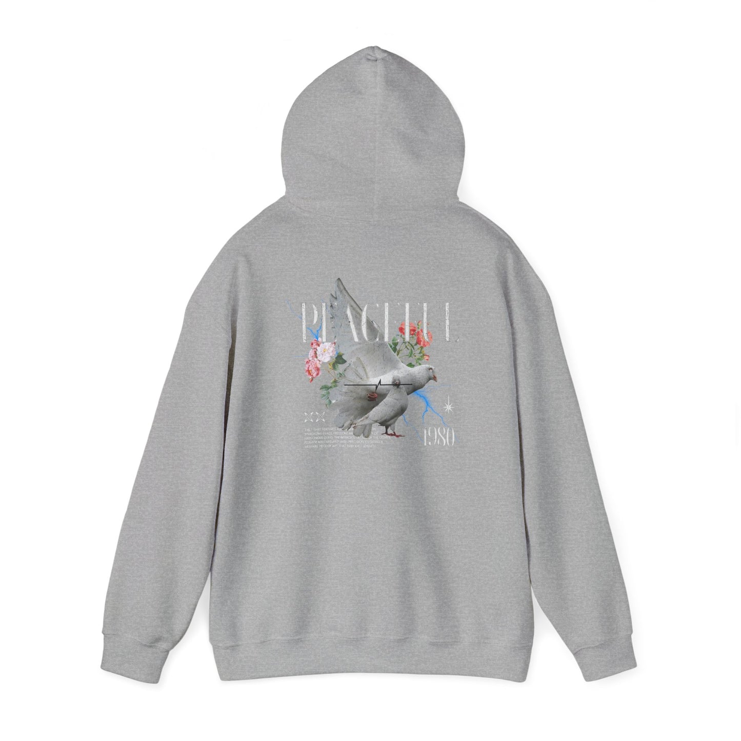 Stylish dove print hoodie in grey, showcasing an elegant back design featuring vibrant roses and the word 'PEACEFUL' with a retro '1980' stamp, embodying a luxurious blend of artistic expression and comfort.