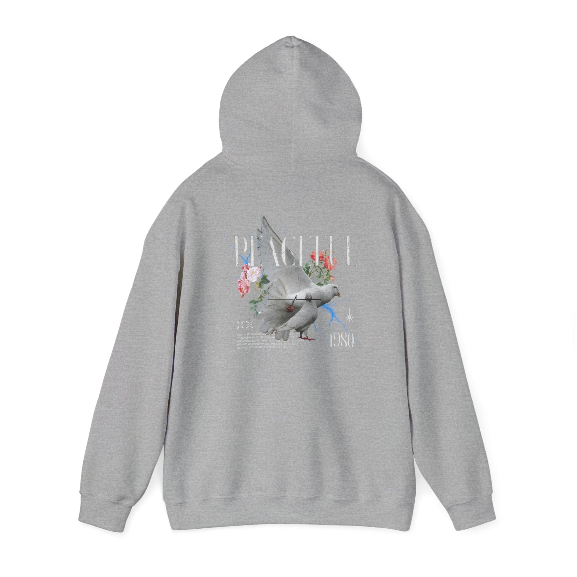 Stylish dove print hoodie in grey, showcasing an elegant back design featuring vibrant roses and the word 'PEACEFUL' with a retro '1980' stamp, embodying a luxurious blend of artistic expression and comfort.