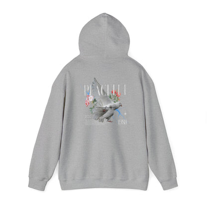 Stylish dove print hoodie in grey, showcasing an elegant back design featuring vibrant roses and the word 'PEACEFUL' with a retro '1980' stamp, embodying a luxurious blend of artistic expression and comfort.