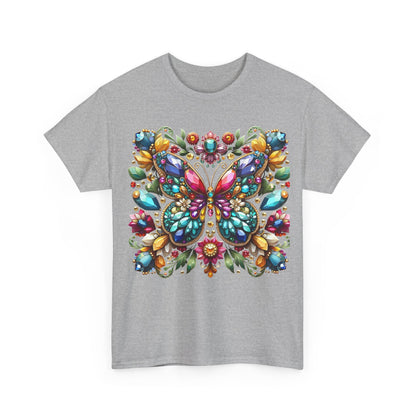 Front view of the Enchanting Butterfly Brooch Unisex T Shirt, featuring a vibrant butterfly design with intricate gemstone details, exuding sophistication.