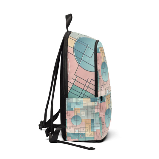 Abstract Geometric Backpack - Luxury Travel Gear in Delightful Pastel Colours featuring a side profile to highlight its elegant design and compact form.