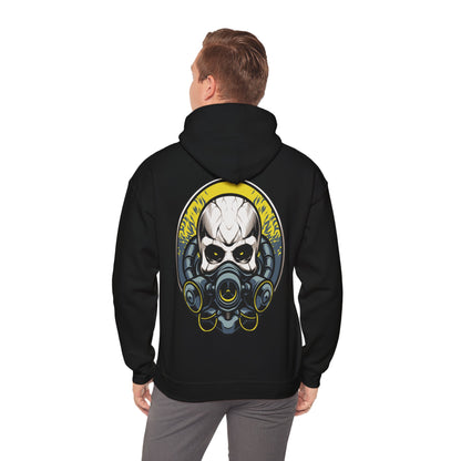 Modern black hoodie with a distinctive back design featuring a skull in a gas mask, embodying a unique blend of steampunk aesthetics.