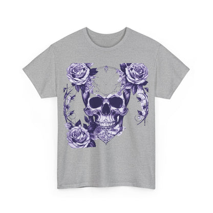 Skulls and Roses Cotton Tee in grey featuring an artistic graphic of a skull surrounded by roses, exuding a sense of daring elegance.