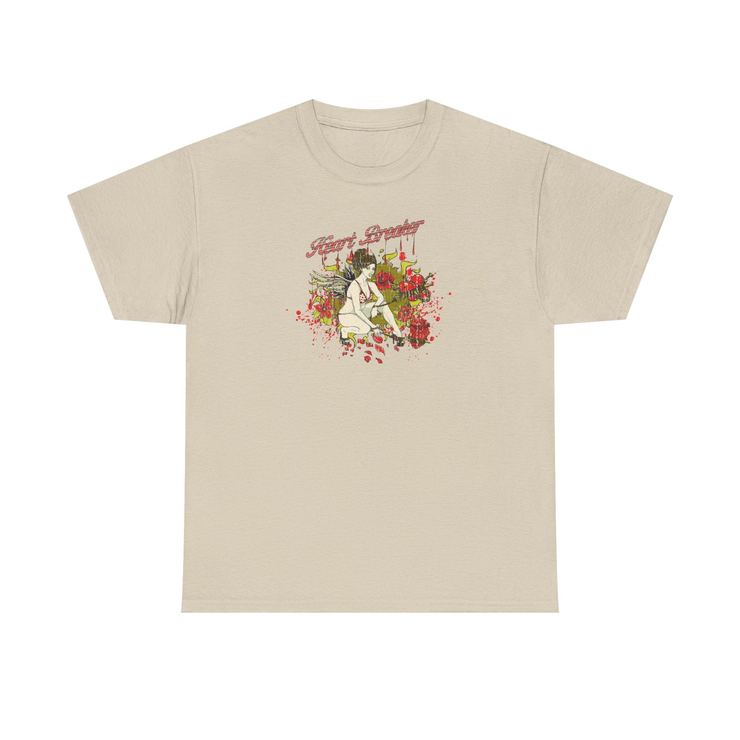 Luxury beige men's graphic t-shirt featuring a whimsical heartbreaker design with roses and ethereal elements, perfect for those who appreciate vintage allure.