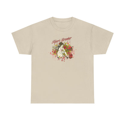 Luxury beige men's graphic t-shirt featuring a whimsical heartbreaker design with roses and ethereal elements, perfect for those who appreciate vintage allure.