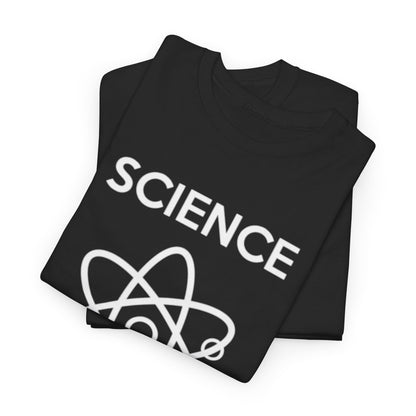 Chic black t-shirts neatly stacked, showcasing the bold text 'SCIENCE' and an atom graphic, embodying a sophisticated style statement.