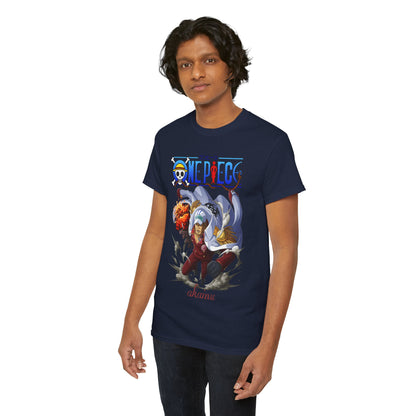 Premium quality navy t-shirt designed for fans of One Piece, depicting Akainu in an elaborate graphic, capturing the character's fierce spirit and inviting attention. Perfect addition to any fashionable wardrobe.