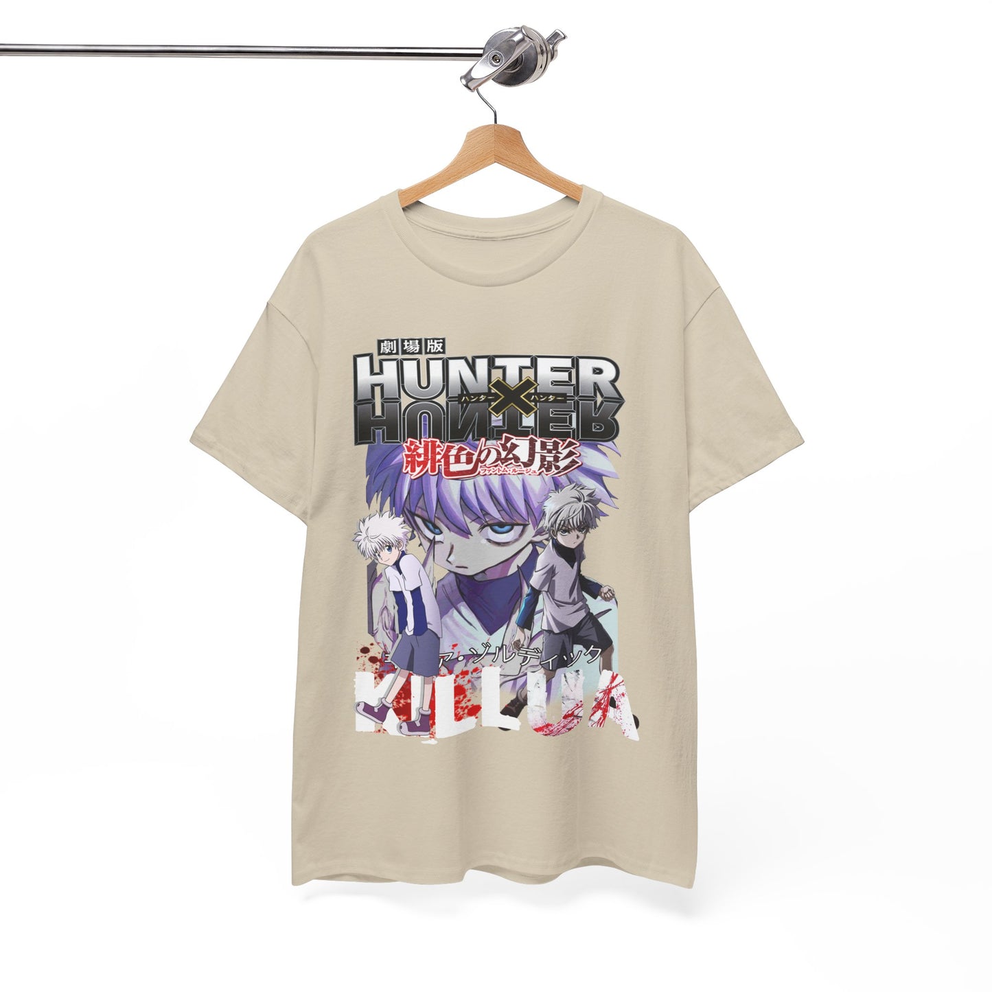 Elegant beige Hunter x Hunter t-shirt showcasing a dynamic graphic featuring Killua and Gon, perfect for anime enthusiasts.
