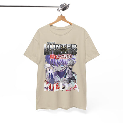 Elegant beige Hunter x Hunter t-shirt showcasing a dynamic graphic featuring Killua and Gon, perfect for anime enthusiasts.