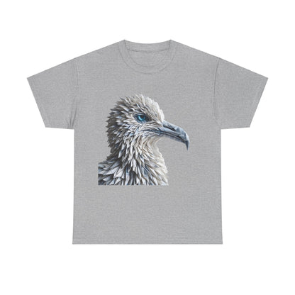 Sculpted Elegance Unisex Cotton Tee featuring intricate origami bird design in grey, presenting a stunning bird's head illustration with exquisite folds and blue details.