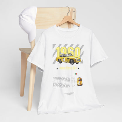 Stylish Aston Martin DB4 GT Zagato T-Shirt resting on a chair with a baseball cap, featuring the stunning 1960 car graphic and premium fabric quality.