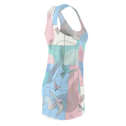 Close-up of the Valentina Marquis Racerback Dress, highlighting the soft pastel colours and meticulous geometric patterns combined with minimalist bird outlines.