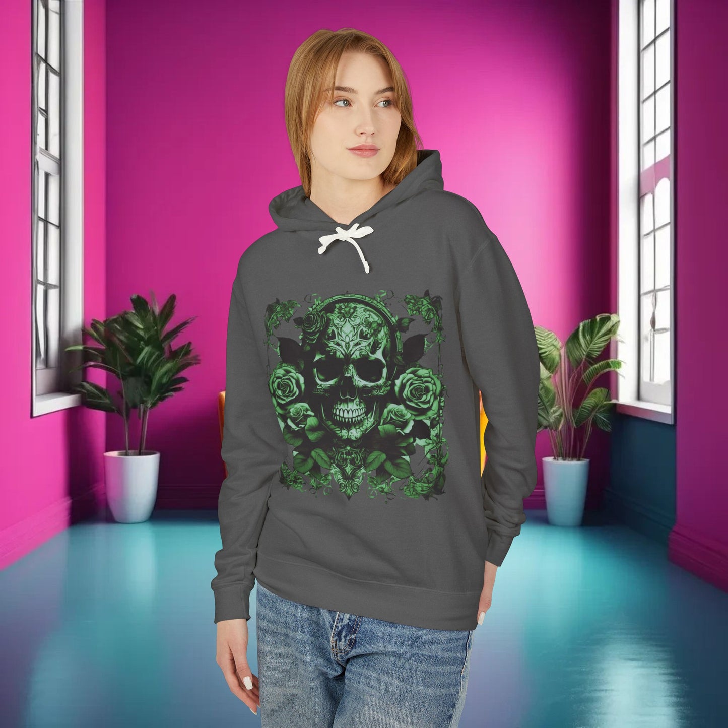 Skull and Roses Lightweight Hoodie, Unisex Edgy Designer Sweatshirt, Hipster