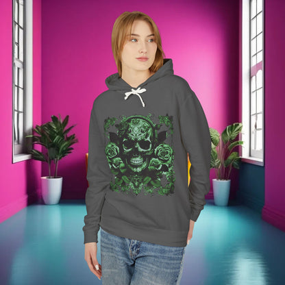 Contemporary Skull and Roses Lightweight Hoodie in a chic room, presenting its unique print and modern style for the fashion-forward individual.