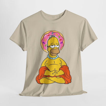 Buddha Homer Simpson Funny Graphic Unisex T Shirt TEE featuring Homer Simpson in a meditative pose with a pink donut halo, designed for both men and women, capturing a unique blend of humour and enlightenment.