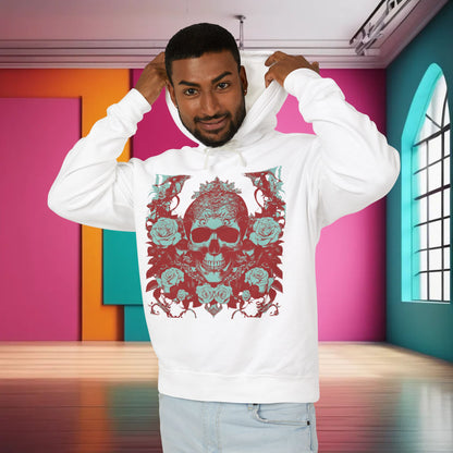 Skull and Roses Lightweight Hoodie model showcasing bold skull and floral design in a stylish setting, perfect for a luxurious urban look.