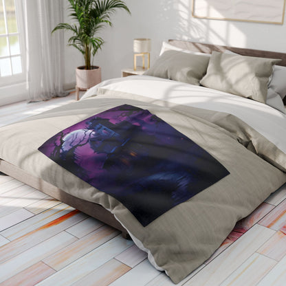 Stylish Decorative and Warm Halloween Spooky Arctic Fleece Blanket on a beautifully made bed, adding a touch of seasonal elegance to your bedroom decor.