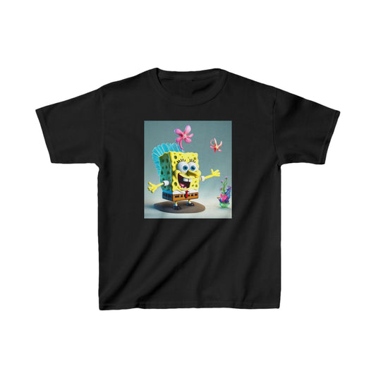 Kids SpongeBob Heavy Cotton Tee in Black, featuring a vibrant SpongeBob design with flowers, perfect for stylish and comfortable play.