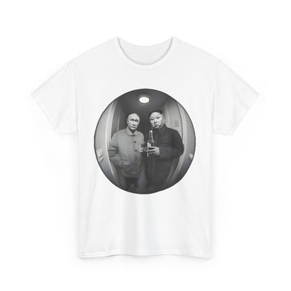 Luxury graphic t-shirt featuring a humorous design of two leaders in a fisheye perspective, perfect for adding charm to any casual wardrobe.