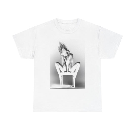 Luxury white cotton t-shirt showcasing a captivating monochrome design with a woman’s silhouette, perfectly blending sophistication with playful elegance in unisex street fashion.